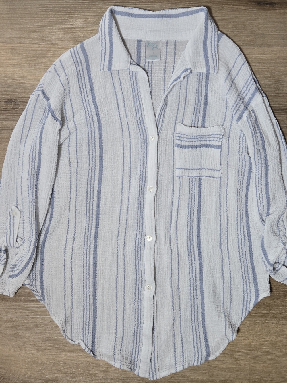 Kona Sol White & Light Blue Striped Casual Button-Down